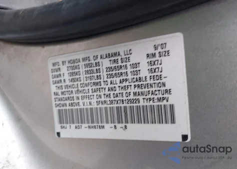 2007 Honda Odyssey Ex-L из США, поврежденный, VIN 5FNRL387X7B129229